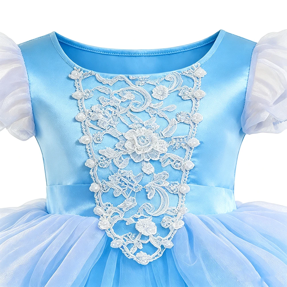 Märchenhaftes Glasstieferl-Kleid für Kinder, Cinderella Geburtstagskleid, Sommerliches Spitzenprinzessinnenkleid mit Puffrock für Halloween, Karneval, Party und Cosplay – Detail 7