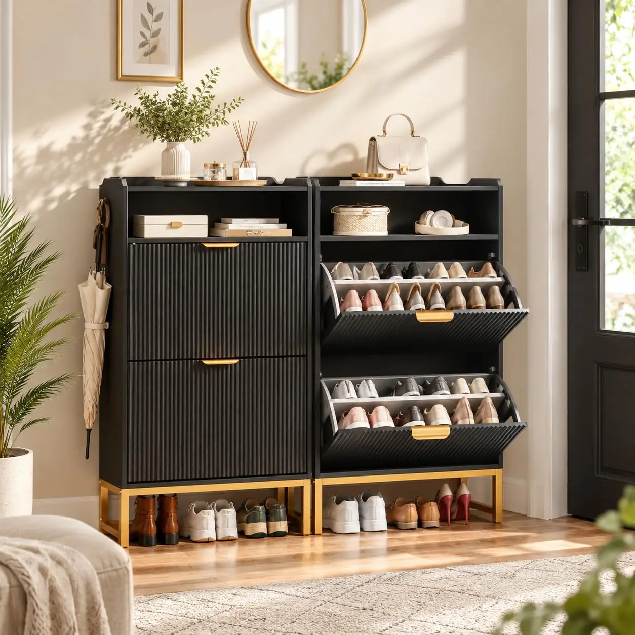 Modern Shoe Cabinet with 2 Flip Drawers & Open Storage Shelf,Shoes Rack with Adjustable Levels,Gold Metal Handles&Fluted Panel