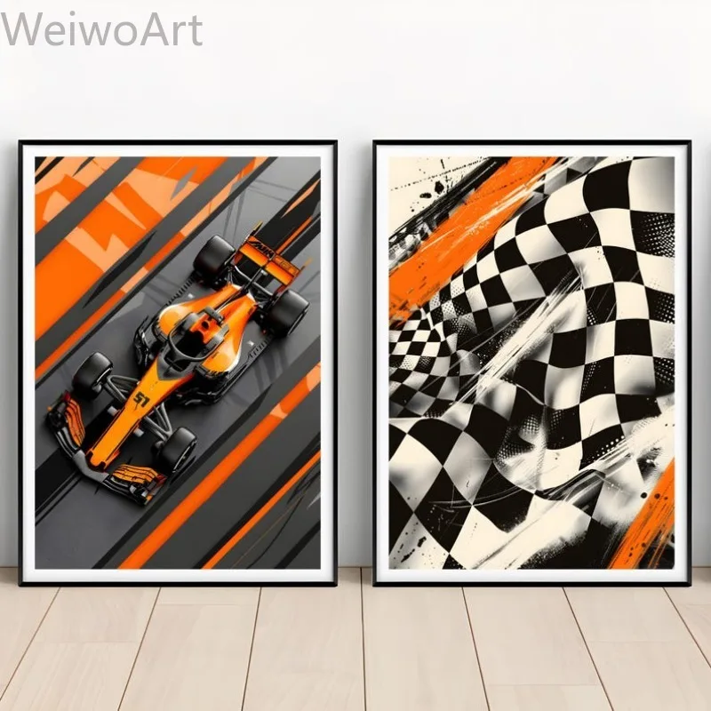 F1 Racing Car Canvas Wall Art, Helmet Track Flag Poster and Print, Motorsport Painting for Game Room Decor Gift, No Frame