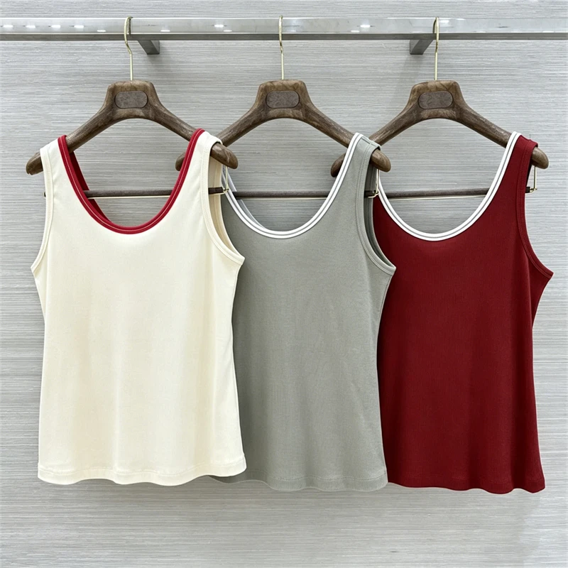 

High-quality summer new women's round neck color-blocked collar heavy embroidery and beading design loose and versatile vest