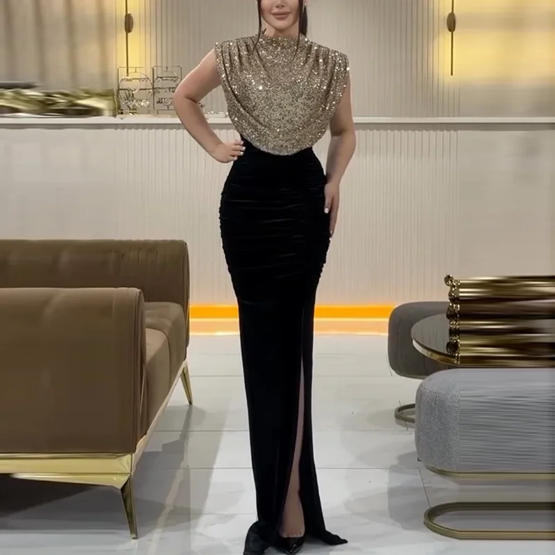 Sexy mouwloze pailletten hoog getailleerde split dame chique avondjurk elegante ronde hals rimpel glanzende vakantie slanke jurk dames