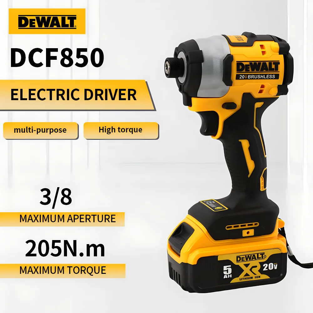 DEWALT DCF850 taladro de impacto eléctrico, Motor sin escobillas, destornillador recargable inalámbrico, herramientas de alto par, 20V, 205NM