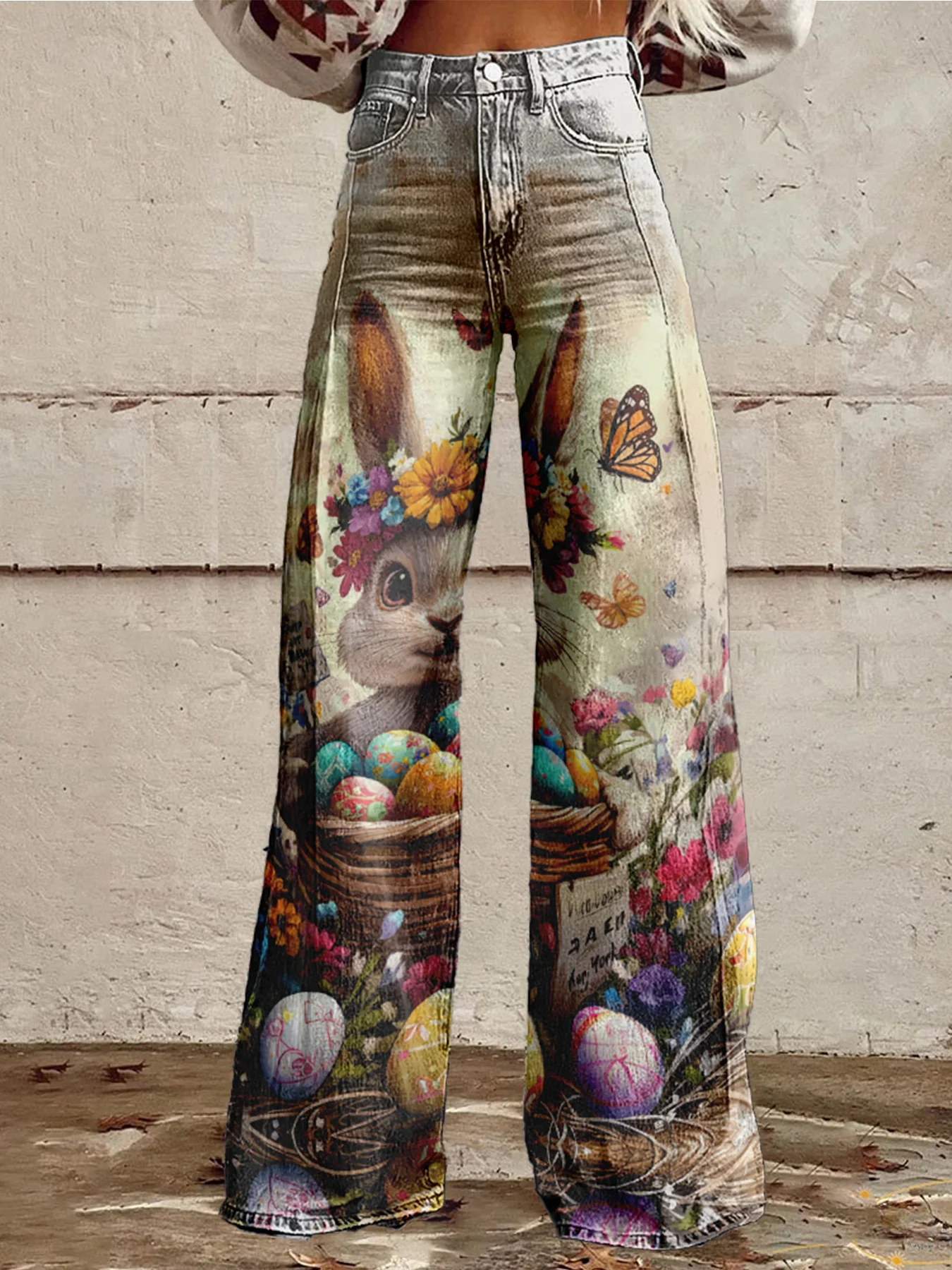 New women's green printed casual and fashionable outdoor wide leg pants jeans