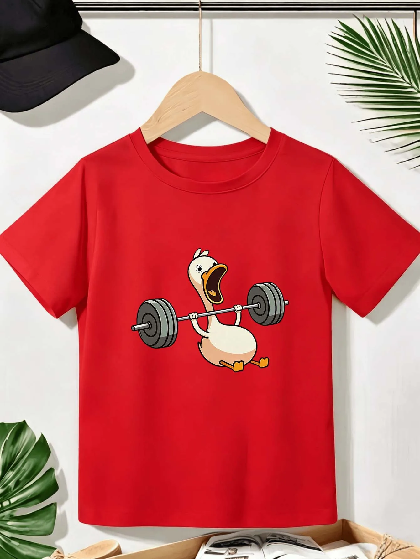Weightlifting Duck Cartoon Print Boys Girls T Shirt Funny Animal Kids Tee Parent Child Matching Casual Summer Family Daily Tops