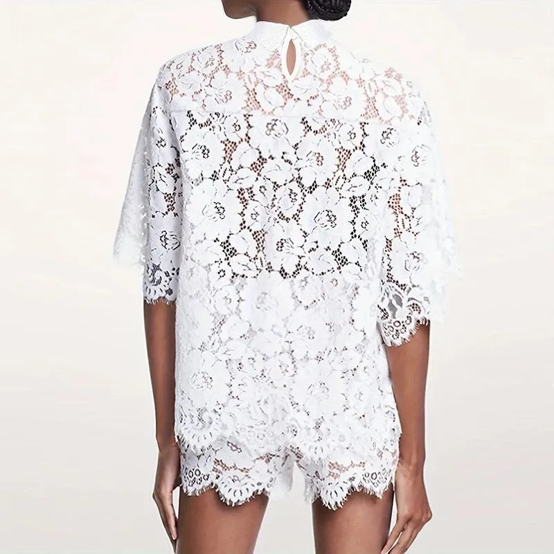 Women Lace 2 Pieces Polo-Neck Button Tops and Shorts Outfits Casual Embroidery Hook Flower Hollow Crochet Spring Summer Sets