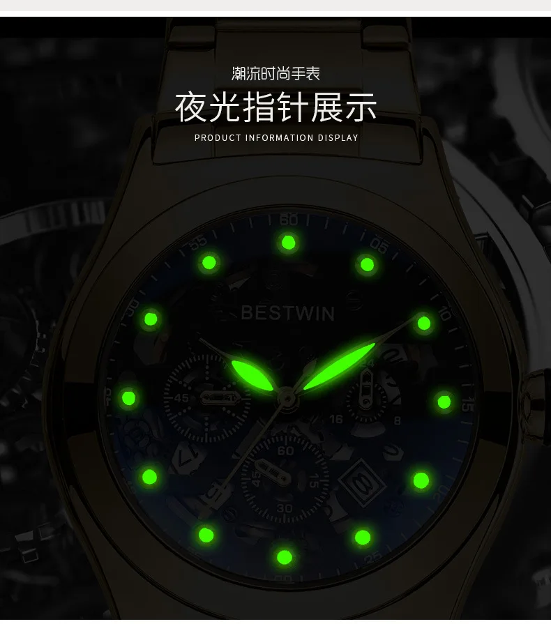 BESTWIN Black Technology Handsome mens watch Skeleton Dial Luminous Date Waterproof watches for men relogios masculino