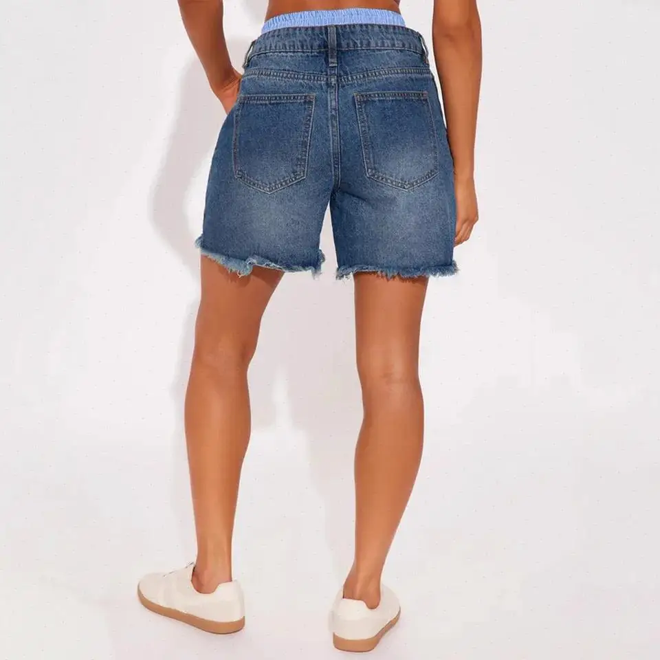 Denim Pant Set Women Two Piece Sets Straight Pants Frayed Hem Hole Elastic Waist Y2k Streetwear Splice Beach 2026 Spring