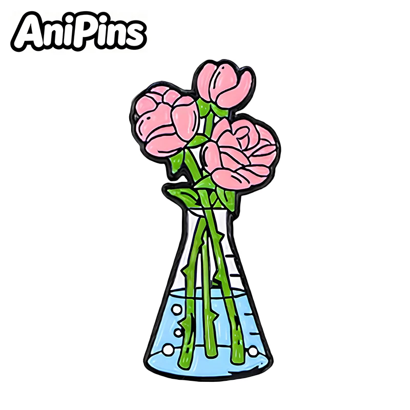 AniPins Funny Cartoon Flower Pins 5-design Enamel Tube Flask Flowers Brooch Pin On Backpack Clothes Metal Badge Friends Gifts