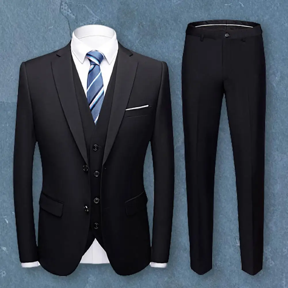 1 Set Formal Suit  Pocket   Groom Suit Pure Color Buttons Blazer Pants