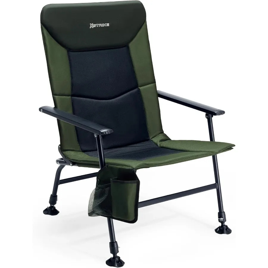 Oversized Folding Fishing Chair with Rod Holder for Outdoor Camping and Fishing Heavy Duty 350LBS Capacity Adjustable Feet Padd