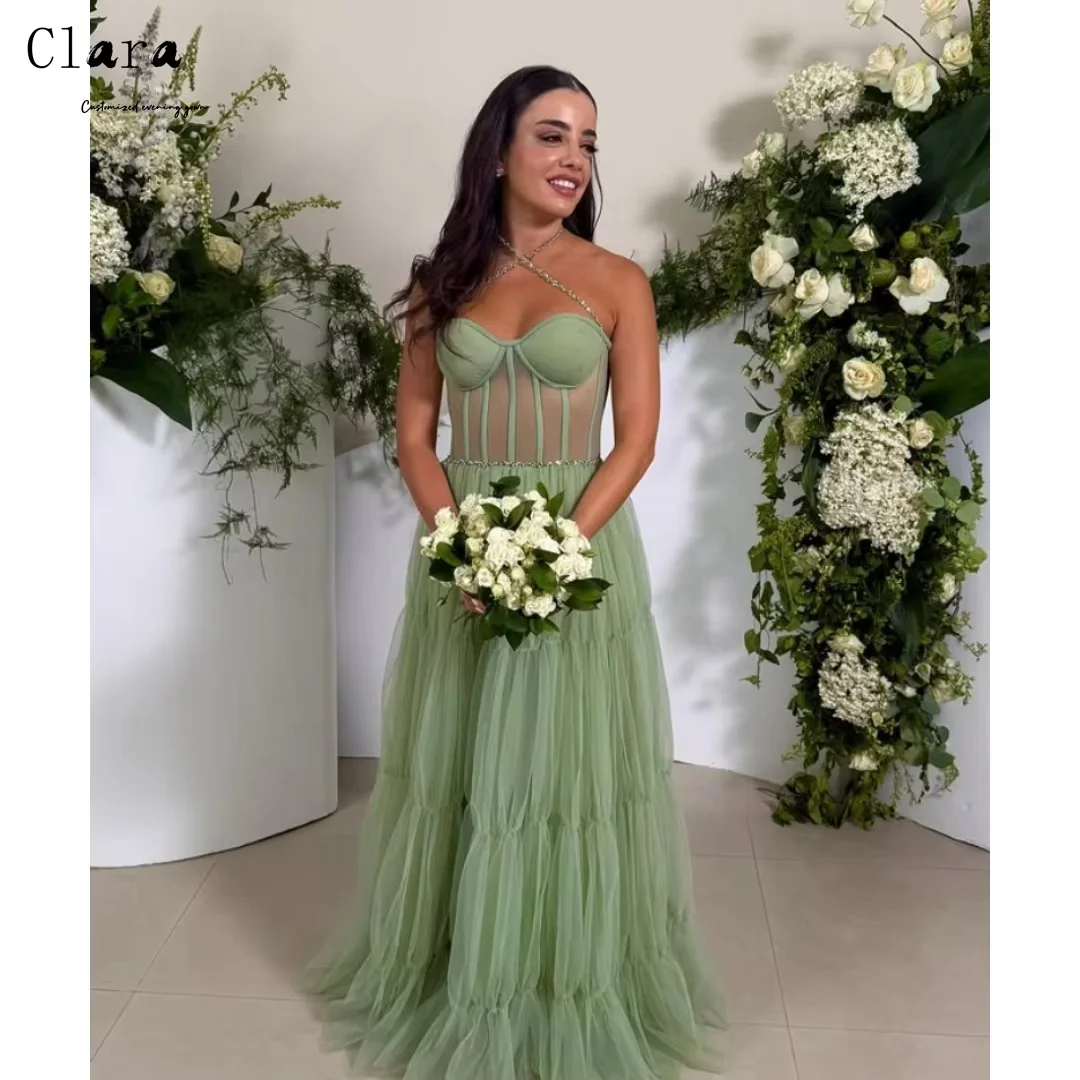 

Clara Custom Sleeveless Sweetheart A Line Rhinestones Luxury Women's Elegant Party Dress 2025 Woman Dresses for Wedding Party