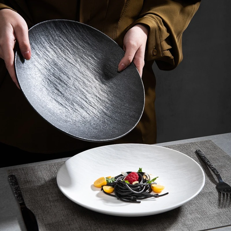 

Simple and High-end Ceramic Deep Plate Dish Household Black and White Plate Meal Plates Steak Plate Tableware and Noodle Plate