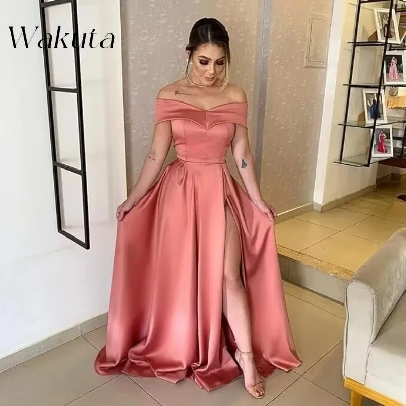 

Wakuta Elegant Women's Off The Shoulder Satin Prom Dress with Pockets A Line Slit Formal Party Vestidos فساتين نسائية شحن مجاني