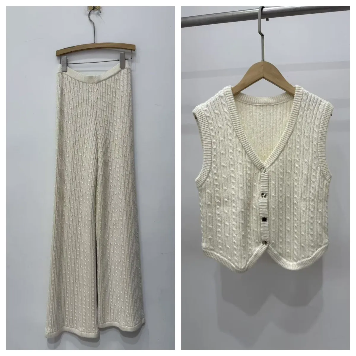 

Women's V-Neck Textured Sweater Vest Single-Breasted Sleeveless Cardigan Knitwear Top + Long Pants