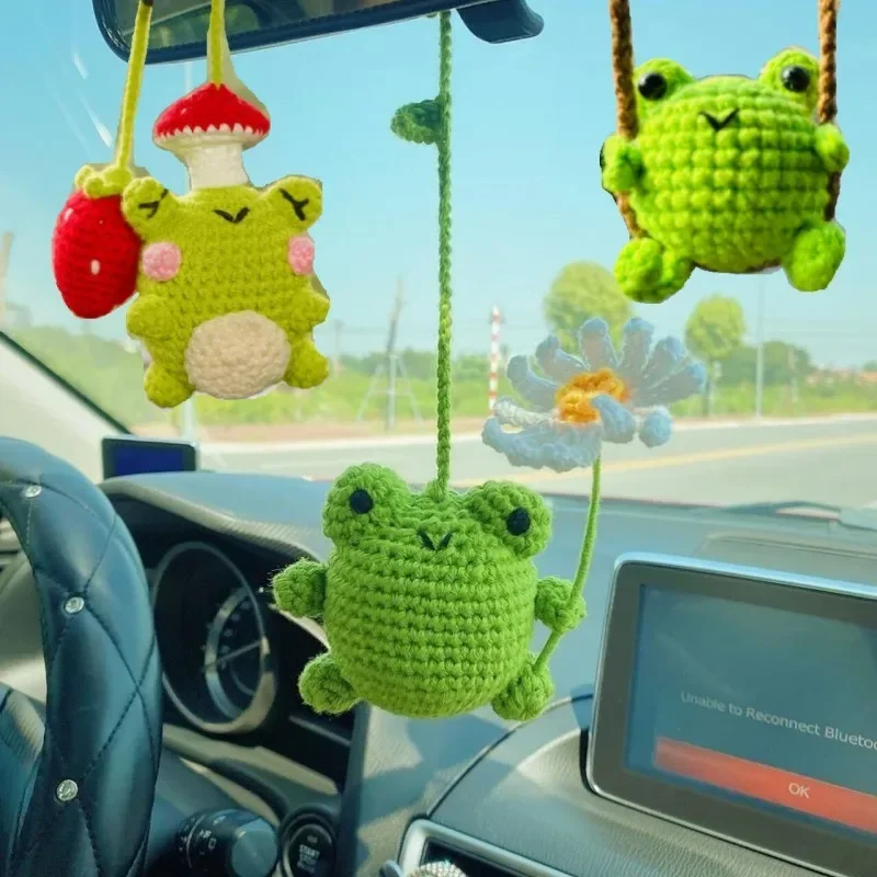 Cute Car Accessories Creative Handmade Crochet Frog Car Rearview Mirror Pendant Funny Doll Ornaments Christmas Gifts