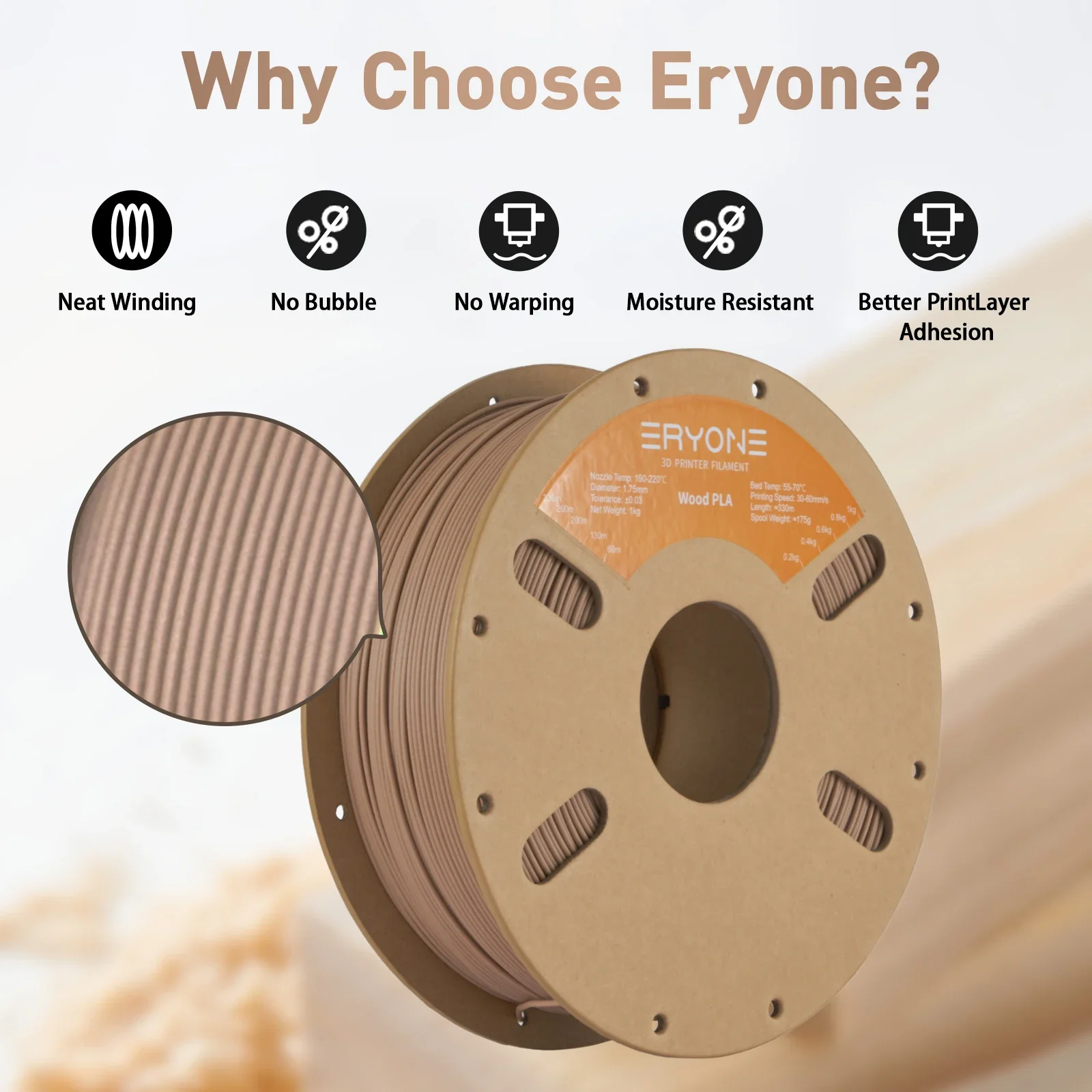

Eryone Wood PLA Filament 1.75mm (1KG/2.2lbs)- 1.75mm(Light),For FDM 3D Printer and Pen 1kg 1 Spool1KG Spool(2.2LBS)