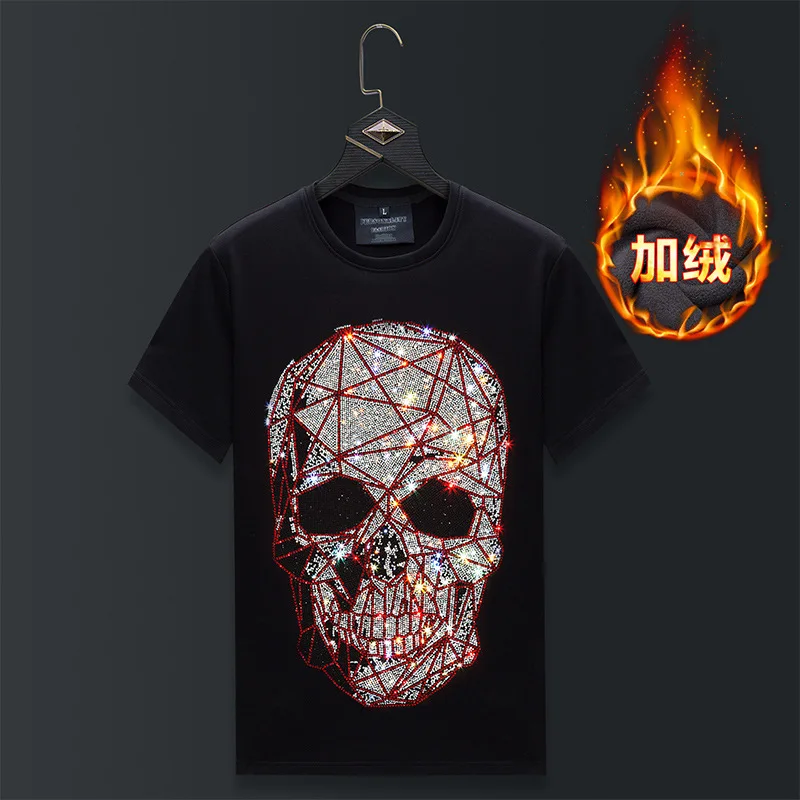 Plus Size Short Sleeve Rhinestones Skulls T Shirt Men Winter Clothes Streetwear O Neck Thick Velvet Heat Tshirts Camiseta Hombre