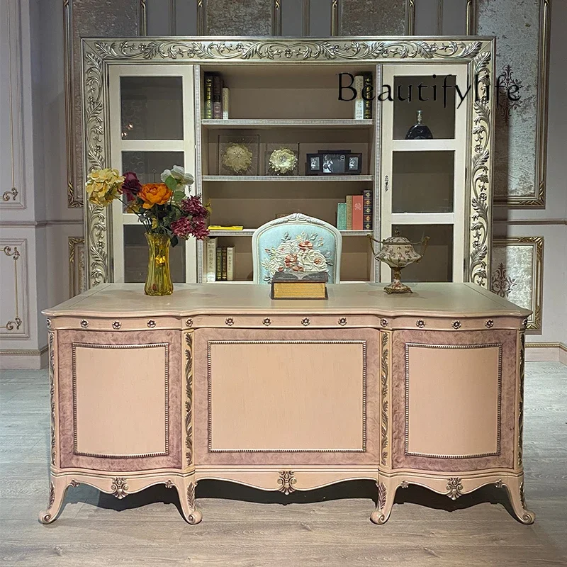 R European Classical Solid Wood Carving Flower Dabantai Villa Large Apartment Veneer Parquet Office Bookcase Desk