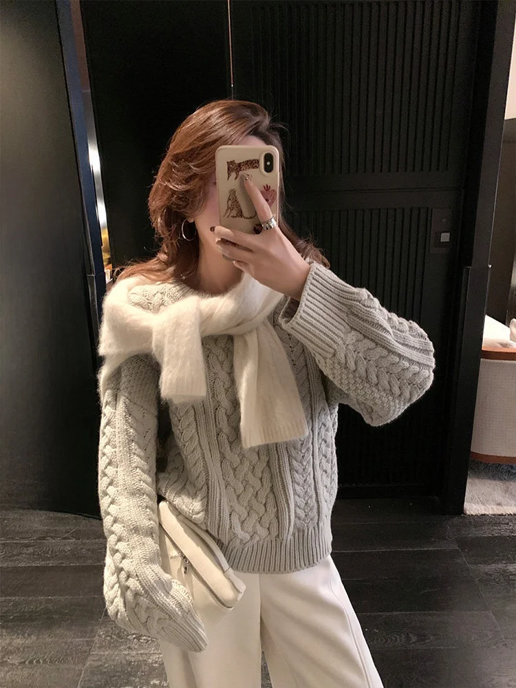 

Cheeseandkisses Parisian Knitwear Зимний теплый свитер Canion с узором косы, свободного кроя, с длинными рукавами, утолщенное шерстяное пальто для...