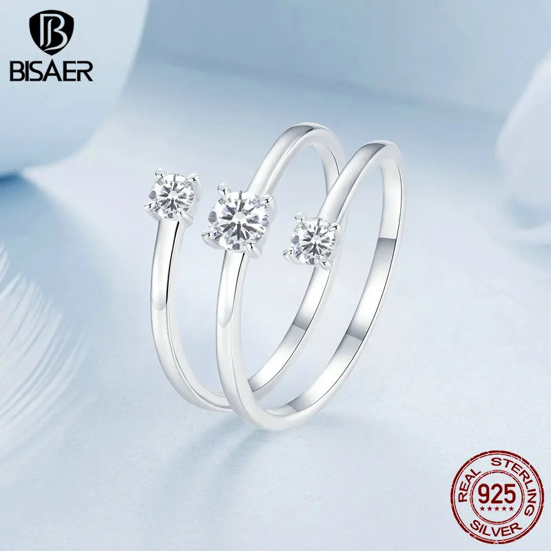 BISAER 925 Sterling Silver Third Floor Shining Zircon Open Ring Simple Band Plated White Gold for Women Wedding Fine Jewelry