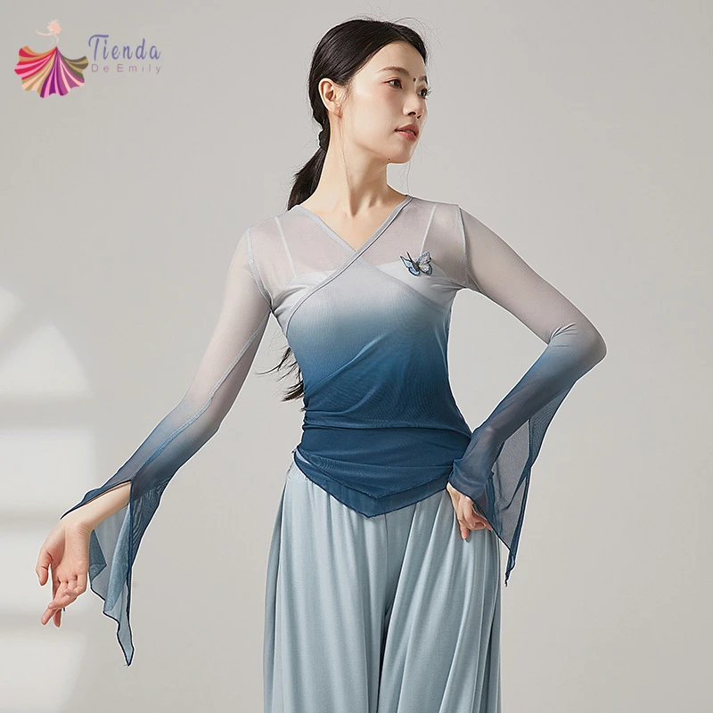 Women Classical Dance Mesh Top Gradient Long Slit Flared Sleeve Shirt Saree Blouse Chinese Hanfu Performance Training Costumes