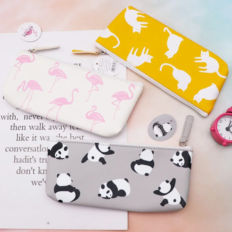 Cat Polar Bear Pencil Case PU Leather Flamingo Pencil Bag Stationery Storage for Girls School Supplies