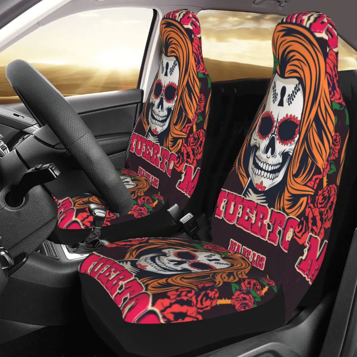 Dia De Los Muertos Woman Skull And Roses Wreath Car Seat Cover Custom Printing Universal Front Protector Accessories Cushion Set