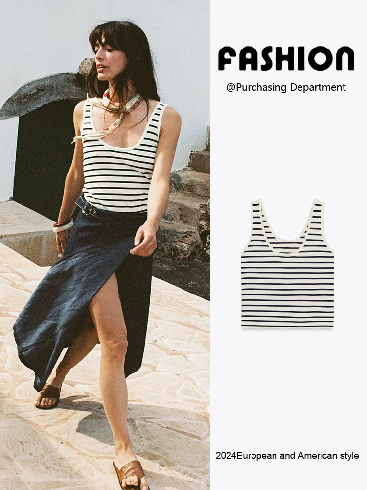 

New Summer Women's Knitted Top with Wide oulder Straps round Ne Classic Stripe Pattern Commute Sle Slim Fit Regular Length