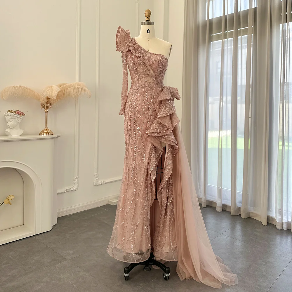 Sharon Said Luxury Dubai Fuchsia One Shoulder Evening Dresses Saudi Arab Side Slit Mermaid Formal Dress for Women Wedding SS360