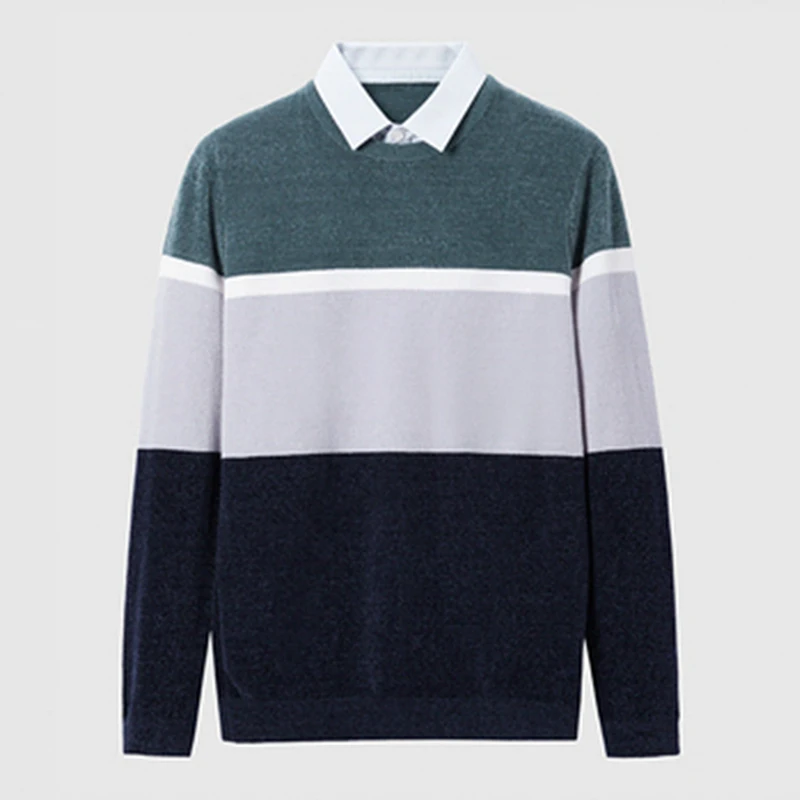 

Мужской зимний трикотажный свитер с двойным воротником, в полоску, с цветовыми блоками, простой модный дизайн, имитация двухслойности, с длинным рукавом, деловой повседневный, приталенный крой