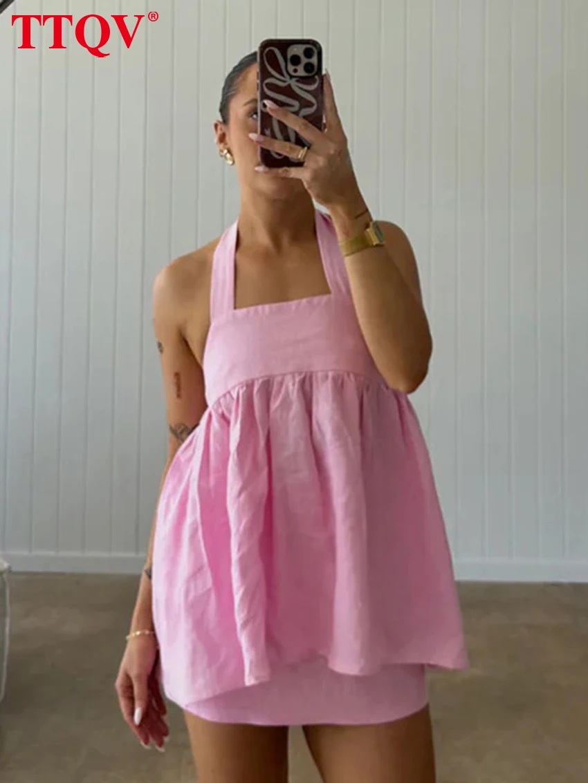 

TTQV Fashion Loose Pink Cotton Women's Two Pieces Set 2026 Sexy Sleeveless Tank Top With High Waist Mini Skirt Set Female