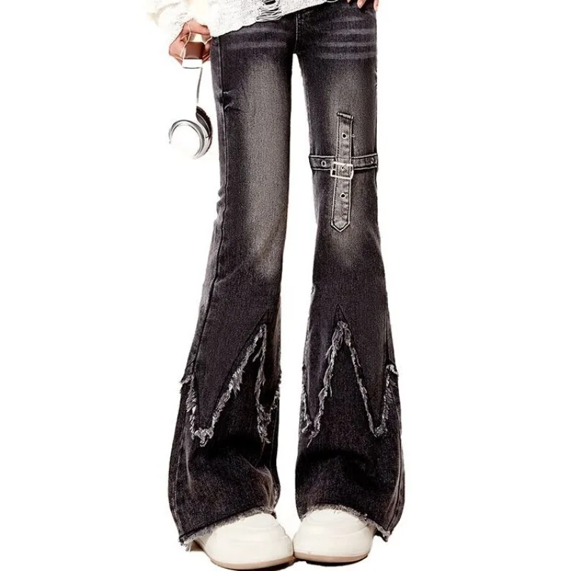 Vintage Amerikaanse zwart gewassen Street Spice Girls Y2k broek dames trendy ontwerp veelzijdige slim fit hoog getailleerde uitlopende jeans