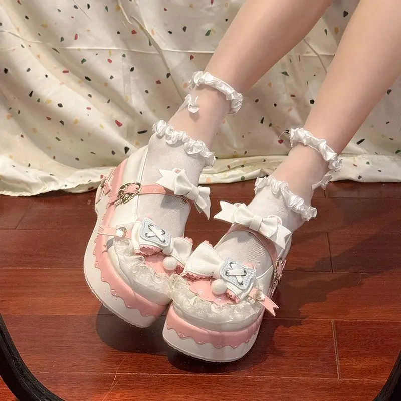 

Sweet Cute Bowknots Lolita Platform Mary Janes Shoes for Women Lace Heart Bow Ankle Strap Wedge Heel Preppy Style Princess Shoes