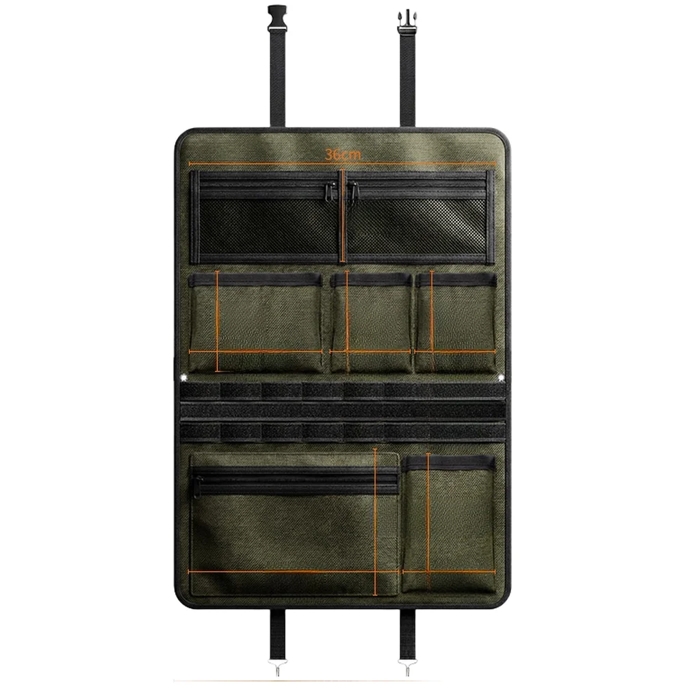 600D Oxford Cloth Car Seat Back Storage Bag with Elastic Strap Fixation and Multi Section Layout Black 60x42cm