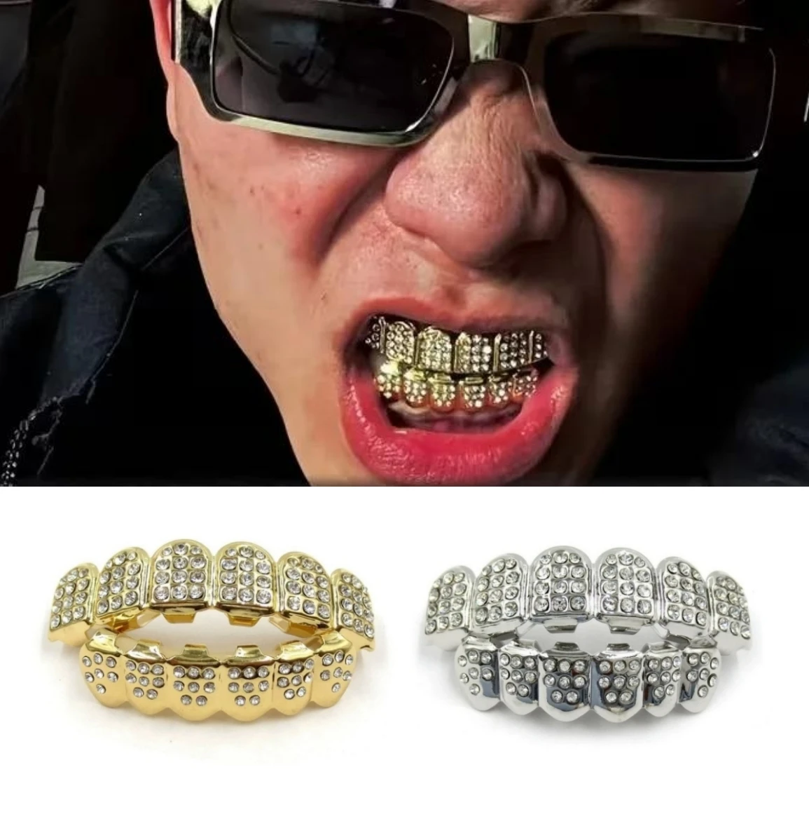 Fashion Iced out Full CZ Stones 5A+ Cubic Zircon Dental Grills 6 Top & 6 Bottom Teeth Grillz Caps for Men And Women