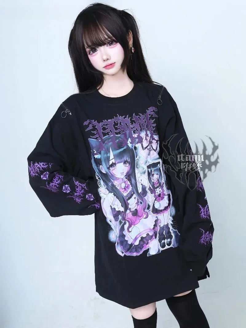 Subculture Anime Print Gothic Long Sleeve T-Shirt Spring and Summer Girl Women's Punk Style Round Neck Loose Tee Shirt Tops