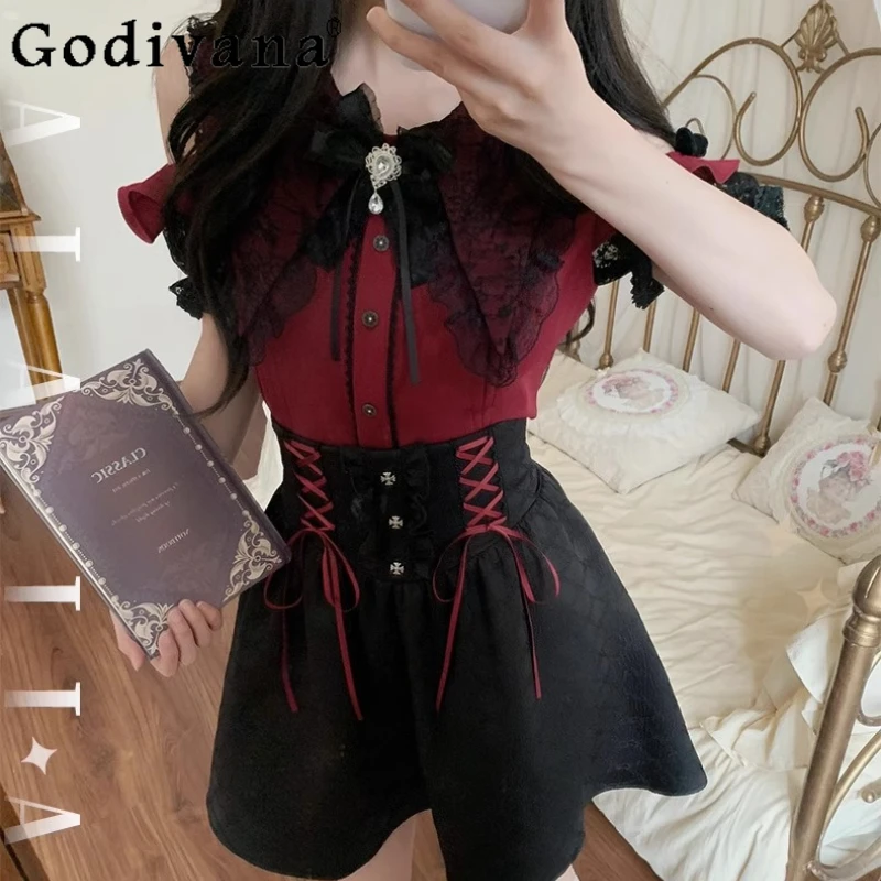 Conjunto de camisa y falda con hombros descubiertos para mujer, Top de subcultura de diseño Original, traje de dos piezas, conjunto producido en masa de estilo japonés