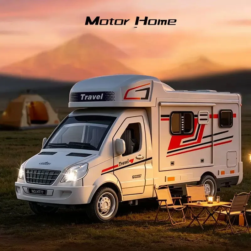 Cross-border 1:32 scale alloy travel trailer with sound and light effects, opening doors, boys' toy car model van