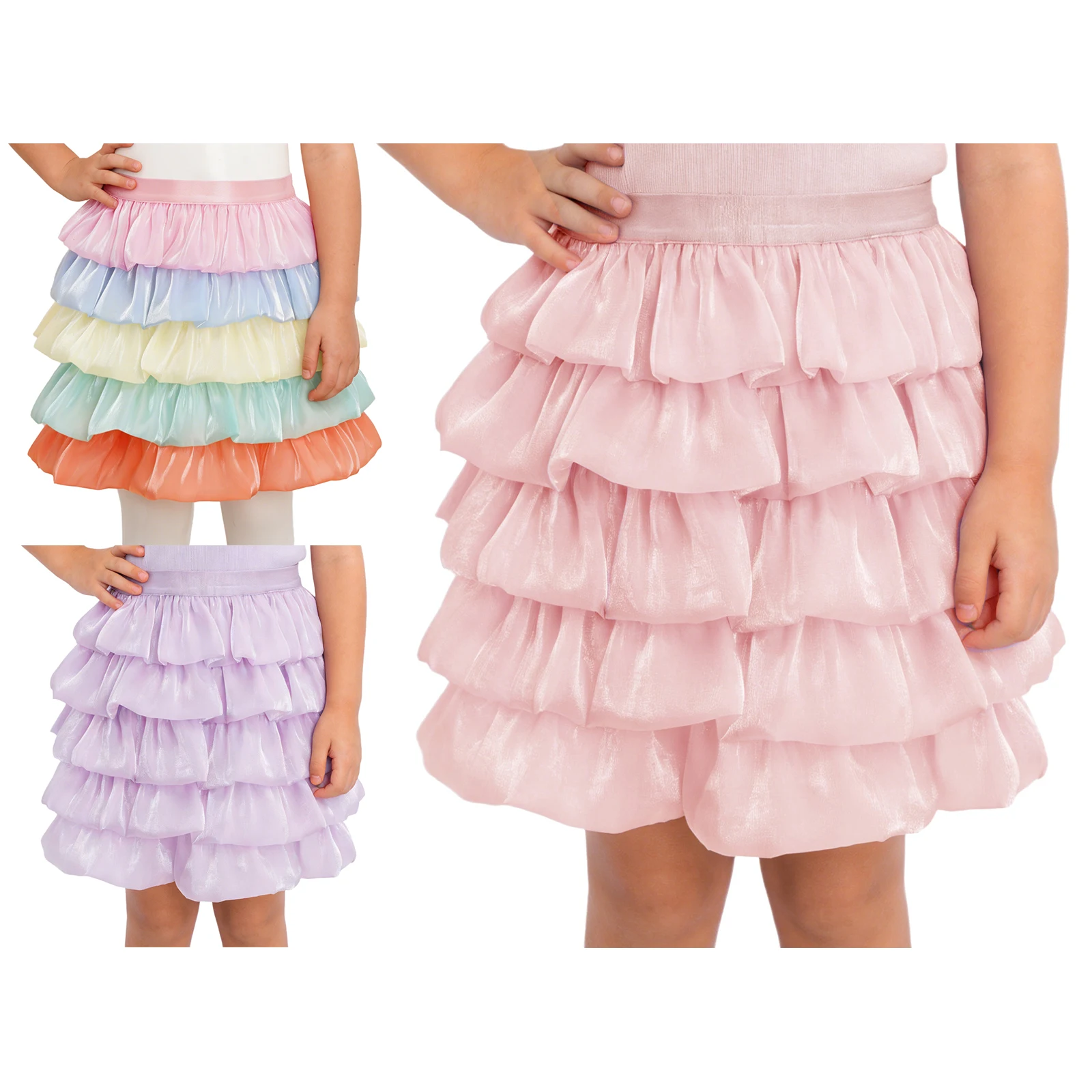 

Kids Girls Tutu Ballet Dance Skirts Elastic Waist Skirt Children Birthday Party Outfits 5-Layer Tiered Ruffle Shimmery Skirt