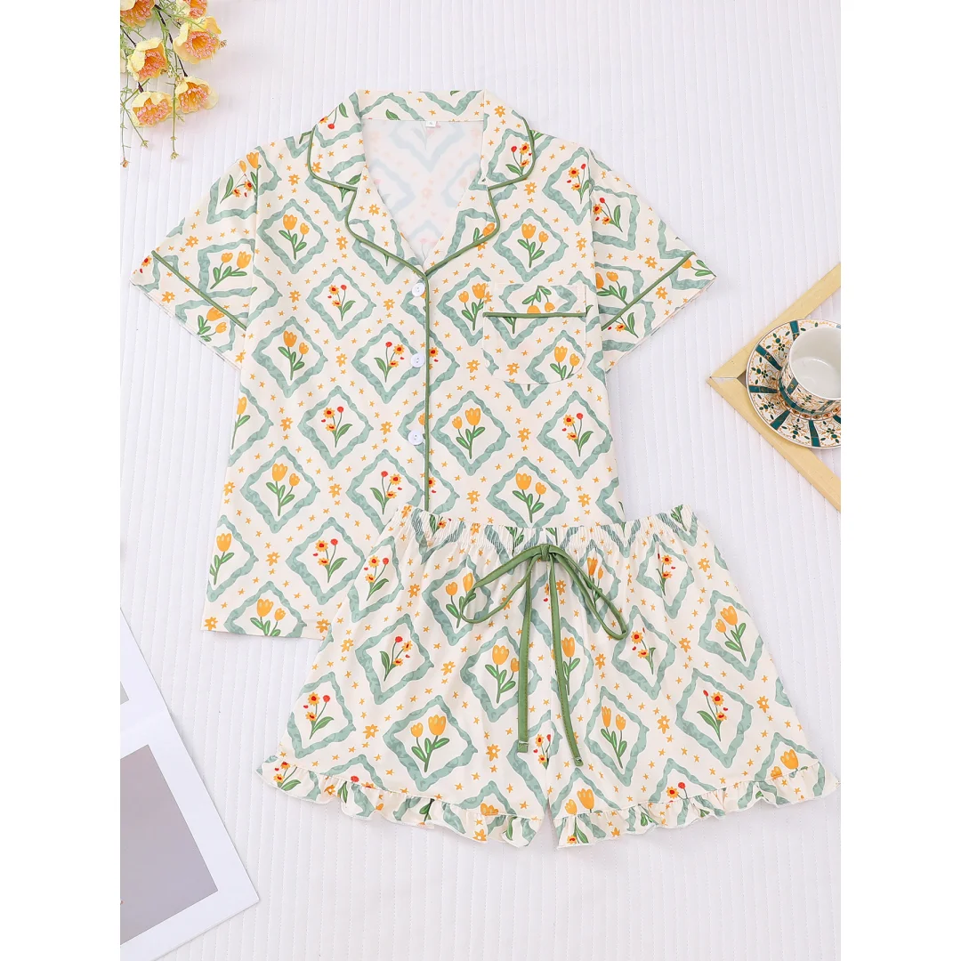 

Пижама с принтом тюльпанов, розовая, с короткими рукавами и шортами, комплект для дома и отдыха для женщин, подарок на День святого Валентина