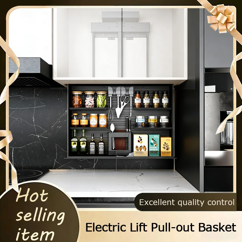 Smart Overhead Cabinet Spice Rack Vertical Lift Motorized Touch Voice APP Control Pull Out Organizer With Nano Coating