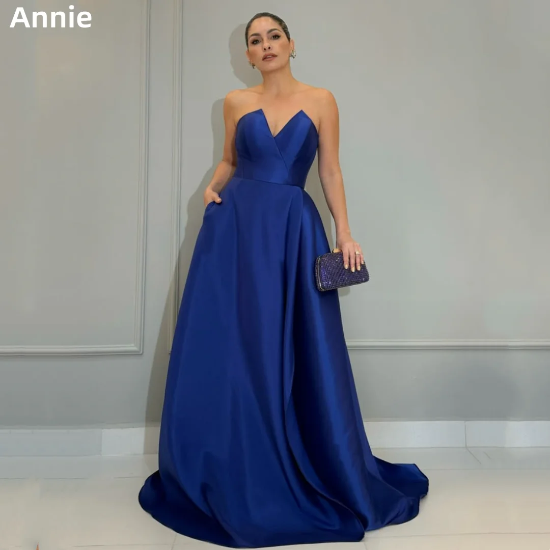 

Annie Blue Prom Dresses V-neck Satin Luxury Evening Dresses A-line Elegant Lady Formal Occasions Vestidos De Fiesta Customized