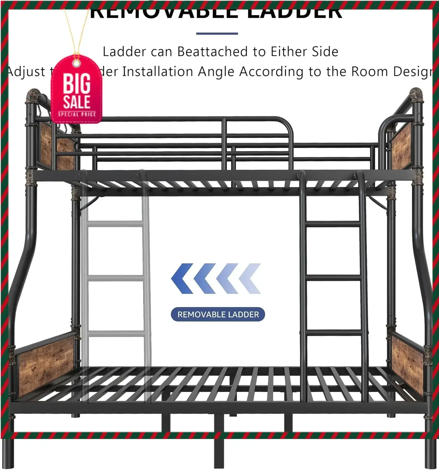 Metal Bunk Bed Twin Over Full, Industrial Bunkbeds Heavy Duty Bed with Safety Guard Rails and Space-Saving Design, Steel Bed for