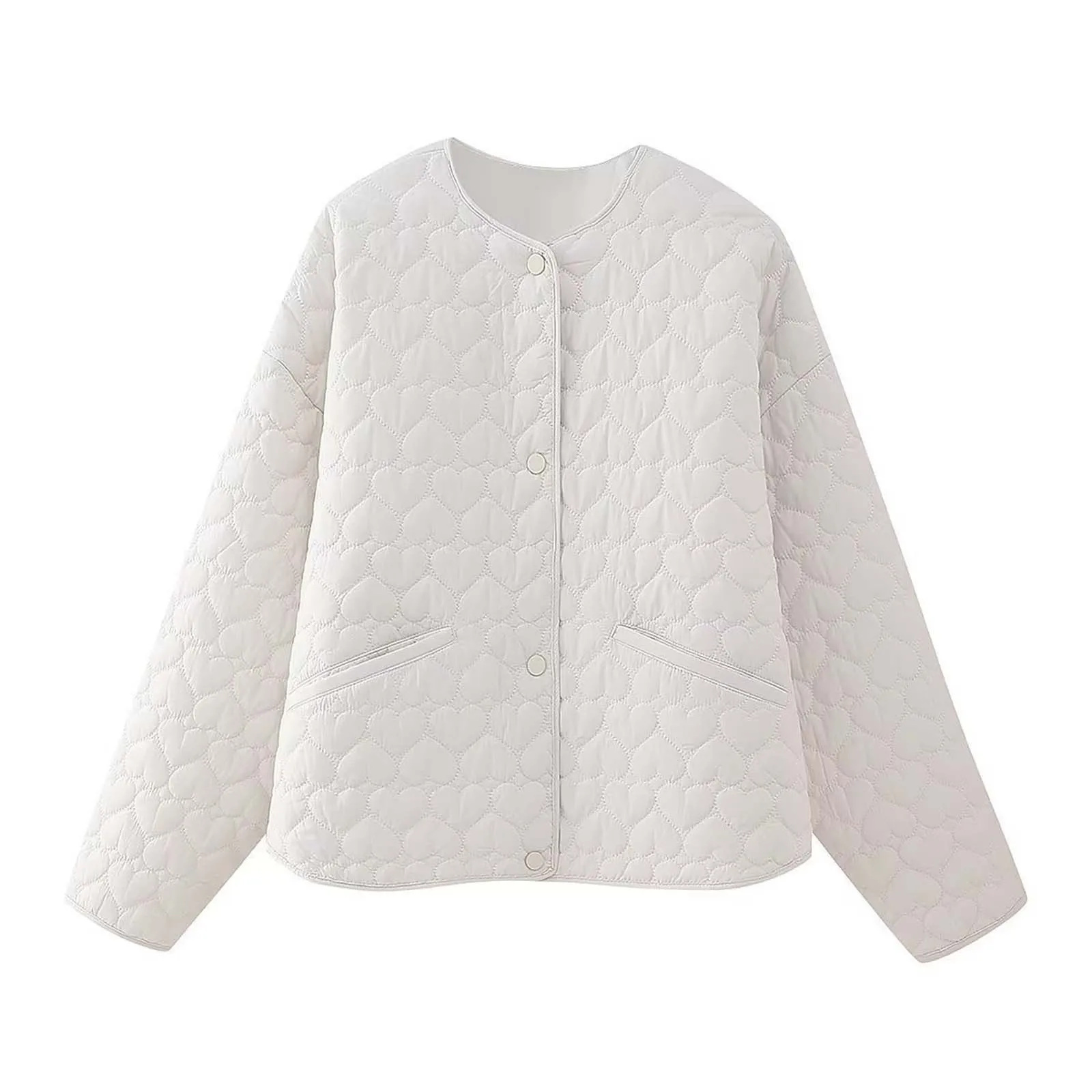 White Elegant Women Quilted Jacket Winter Heart Shaped Solid Color Button Lightweight Parka Coat Korean Women's Warm Jacket