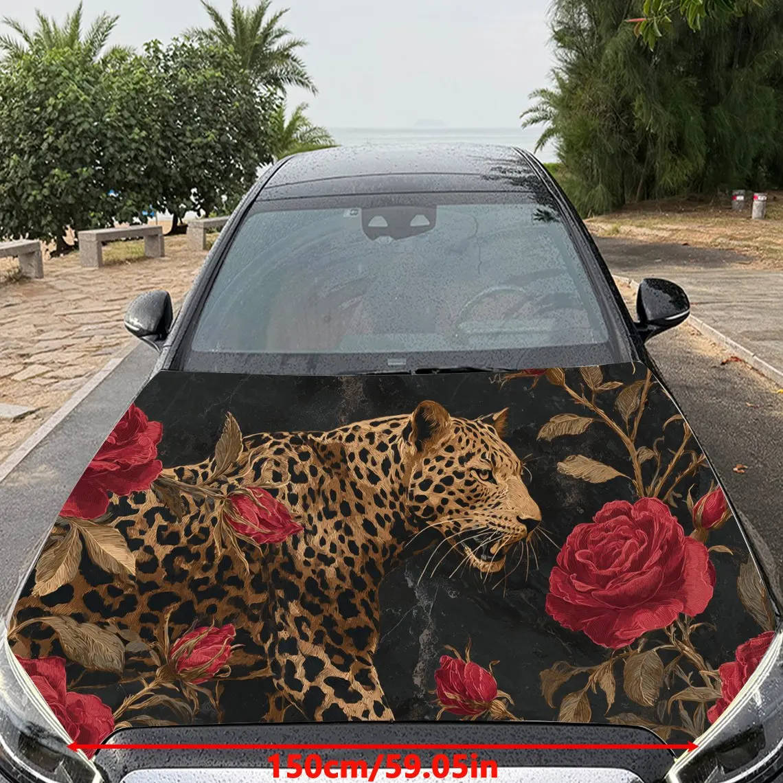 Car Decal Leopard as Focal Point Among Red Roses & Artistic, Alluring Visual Details Car Hood Sticker, Waterproof Self - Adhesiv