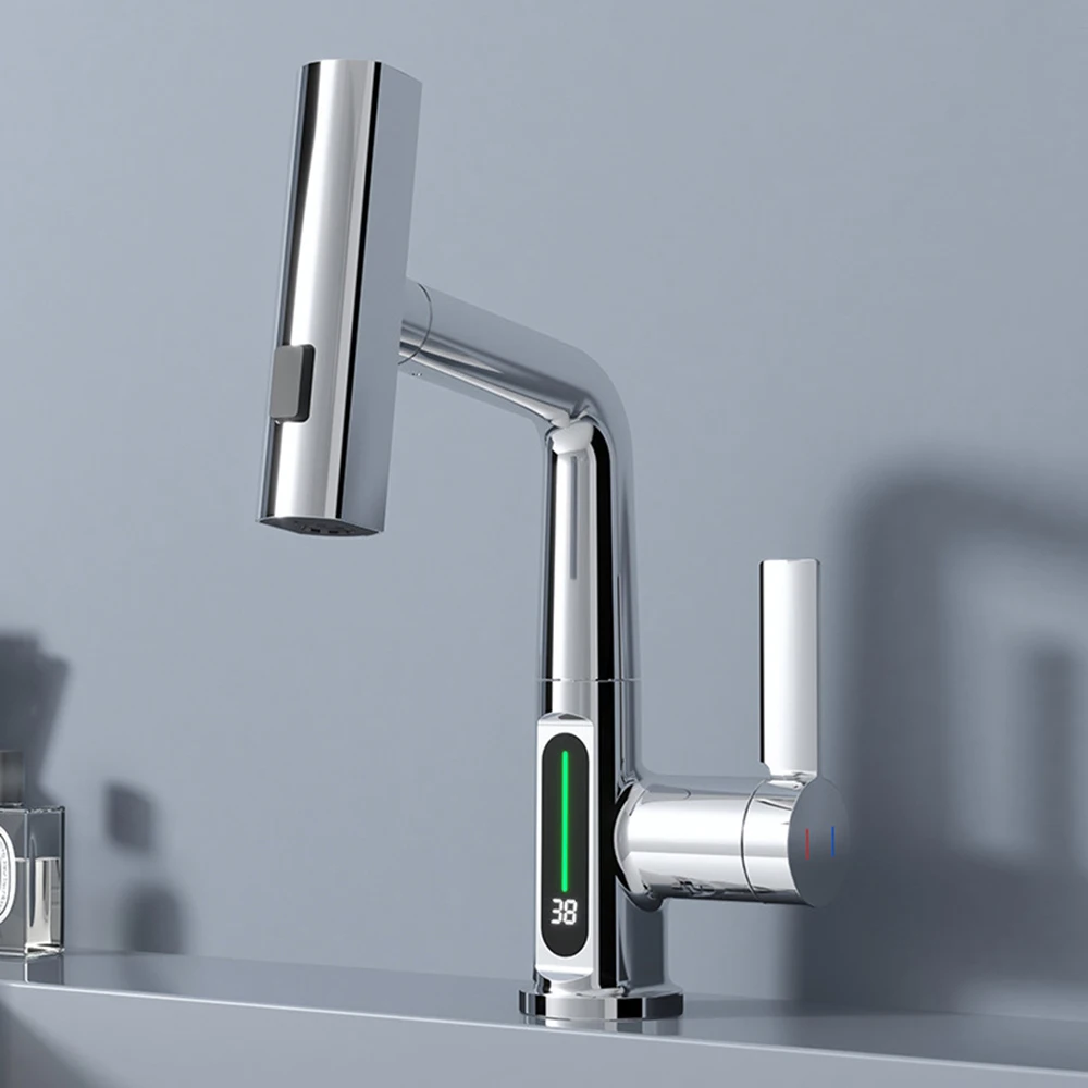 Temperature Display Black Basin Faucet  360 ° Rotation 3 Function Cold and Hot Deck Mounted Pull Out Bathroom Sink Tap