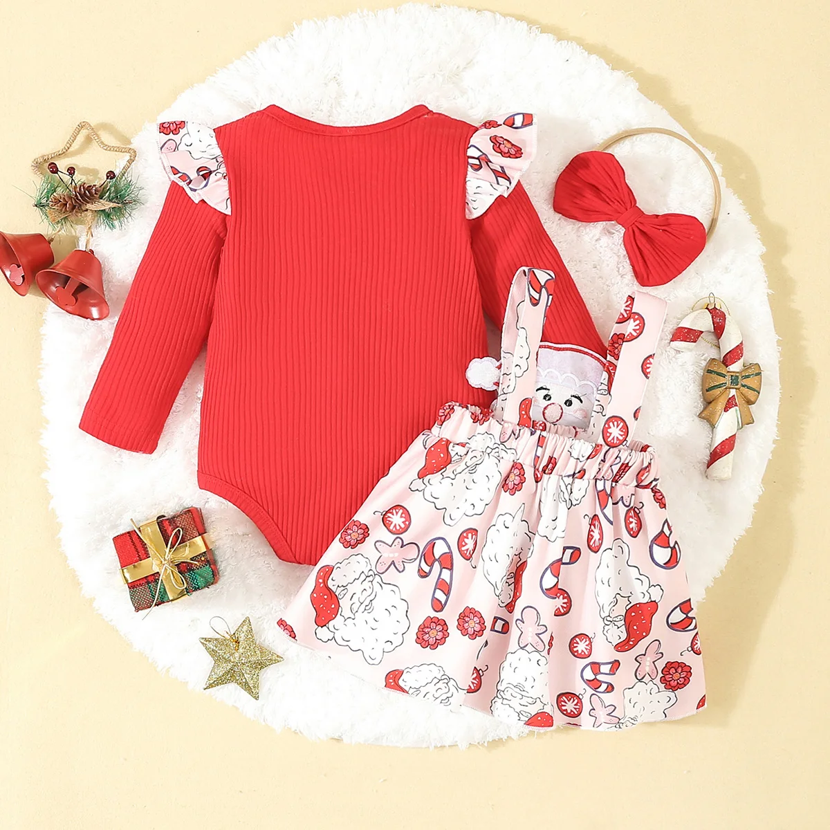 Baby and Child Christmas 3-Piece Set with Cute Cartoon Santa Claus Patch Embroidered Suspender Skirt and One-Piece Romper and Bow Hair Tie Set