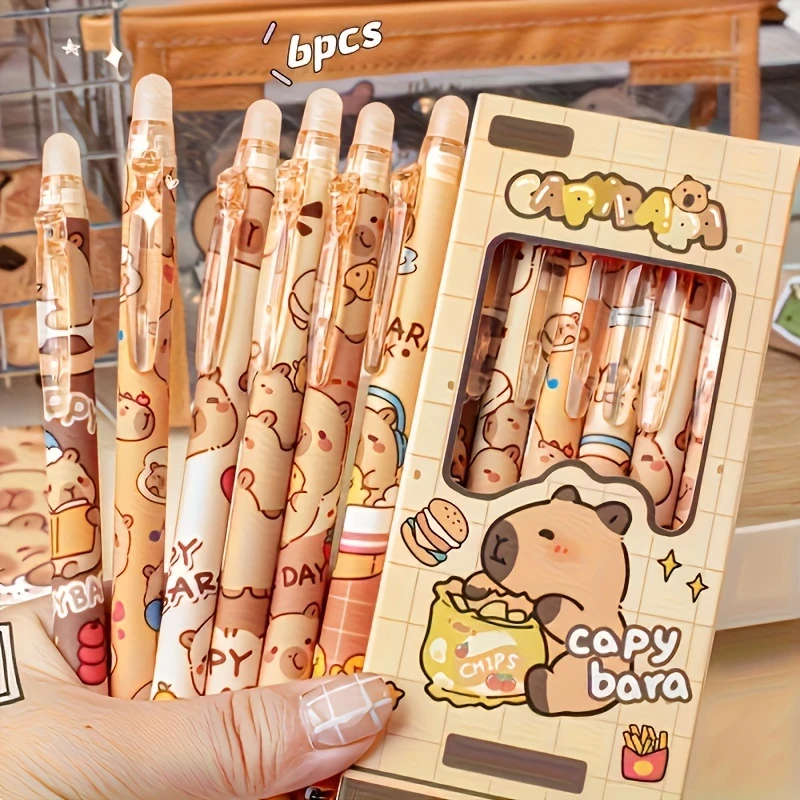 6pcs Cartoon Cute Capibala themed erasable pens with storage design,blue ink,smooth writing,quick drying,office supplies,elegant