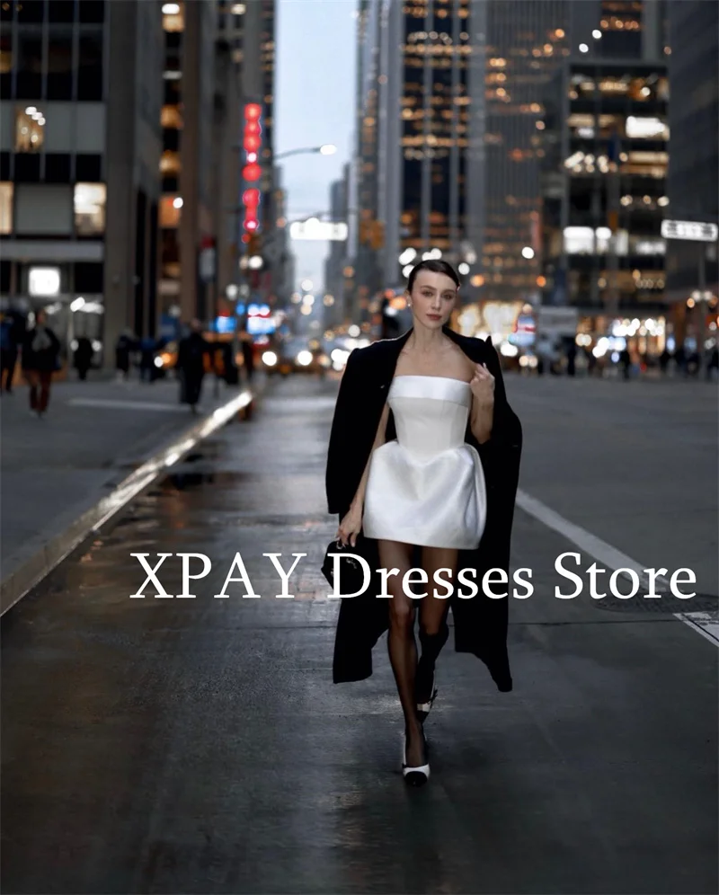 XPAY Modern Strapless Mini Short Wedding Party Dresses Thick Satin Puff Skirt Bride Gowns Formal Occasion Dress Customized