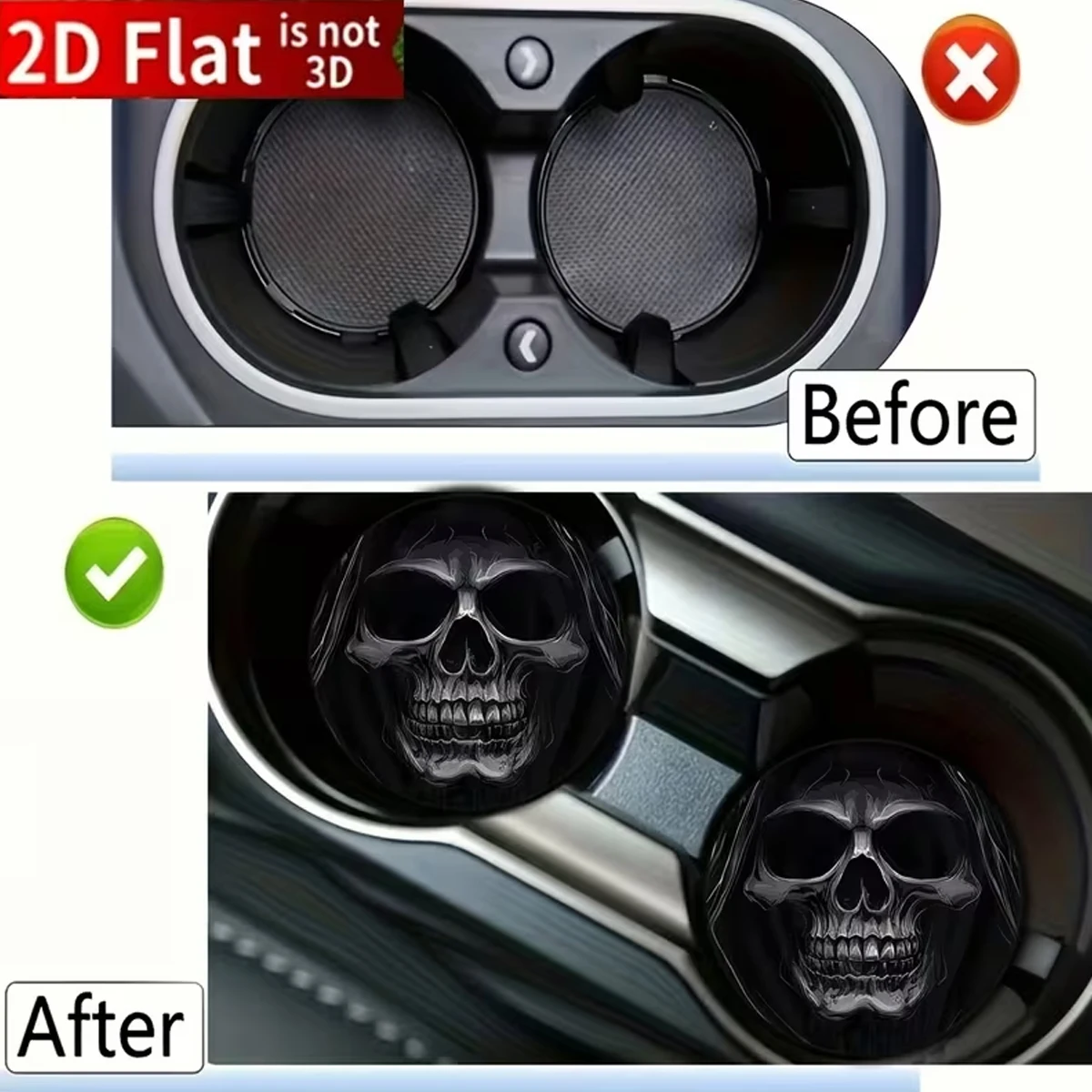 2-Piece Skull Pattern Hoodie Style Rubber Car Coaster Non-Slip Durable 2D Flat Surfaces Compatible with All Vehicles